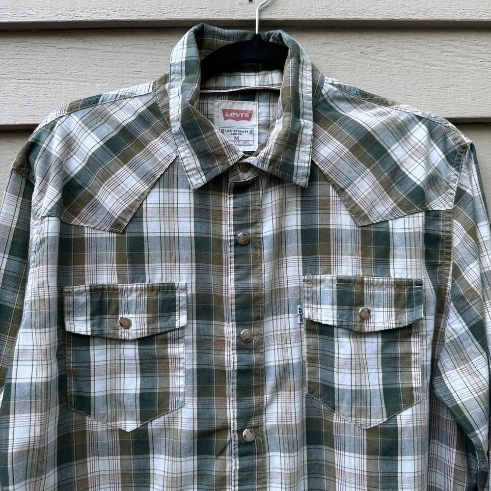 Levis Mens Size Medium Western Plaid Snap Front Shirt Olive Green Long Sleeve M